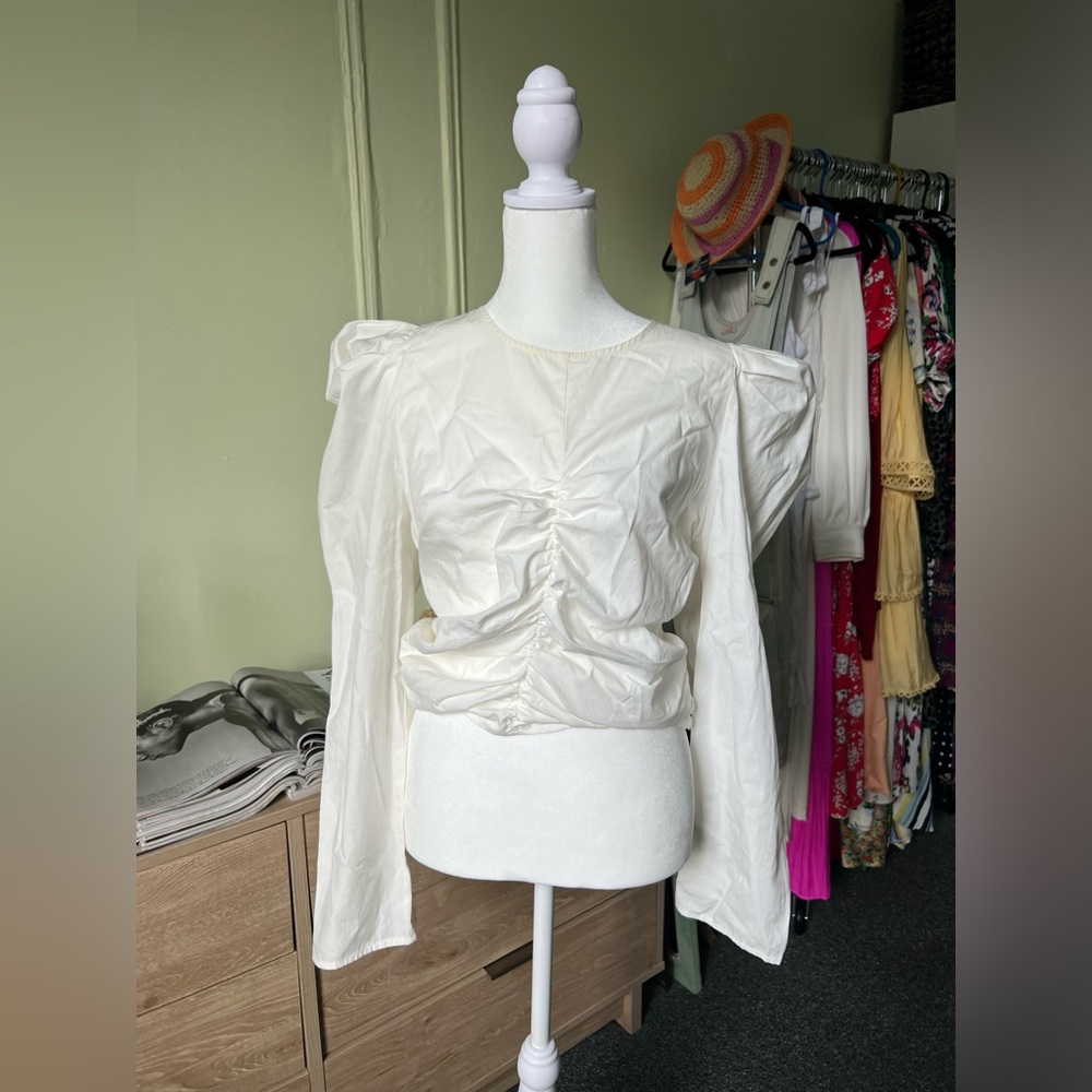 White Puff Long-Sleeve Ruched Detail Corset Modest Cute Blouse Shirt Top Sz M-L - Picture 2 of 15